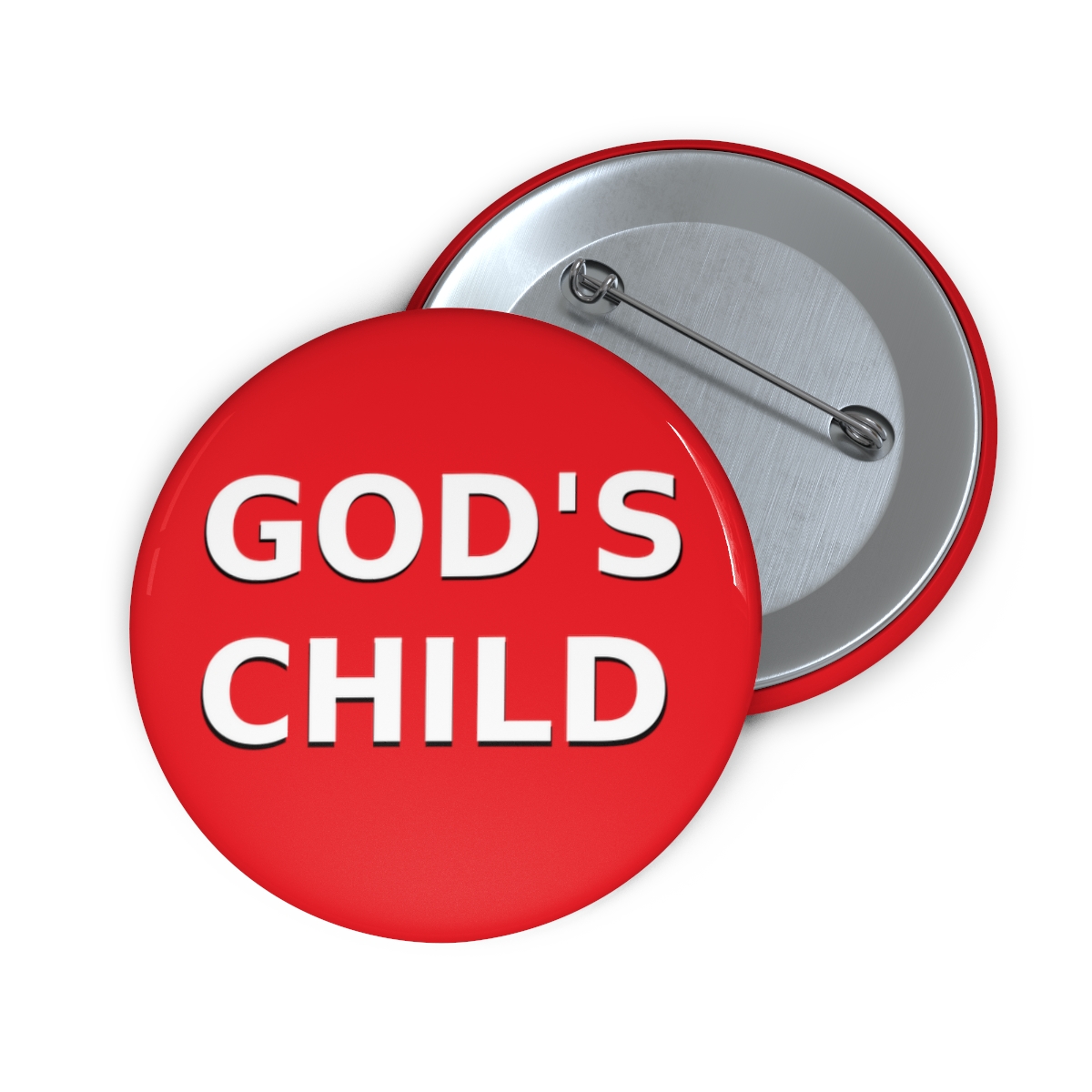 "God's Child" (White on Red) on Pin Buttons