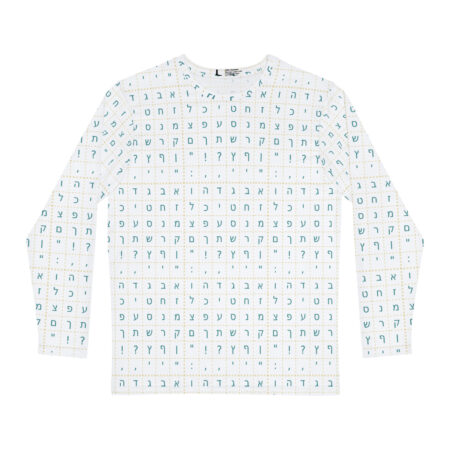 Hebrew Alphabet Grid on Men's Long Sleeve Shirt (Teal Letters)